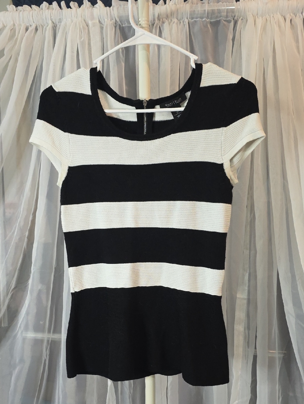 #248 White House Black Market Black and White Striped Short Sleeve Knit Top